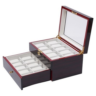 20-Slot Watch Box Wood Display Case Glass Top Jewelry Storage Box+Lock 2 Tier