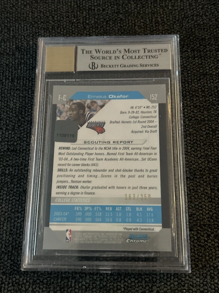 2004-05 Bowman cromo Emeka Okafor autógrafo RC/250 #152 BGS 9 automático 8 Foto 2 de 2