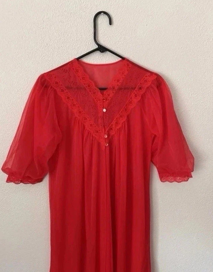 Camisón transparente de encaje rojo vintage años 70 bata de nailon Peignoir para mujer S JC Penney Foto 2 de 4