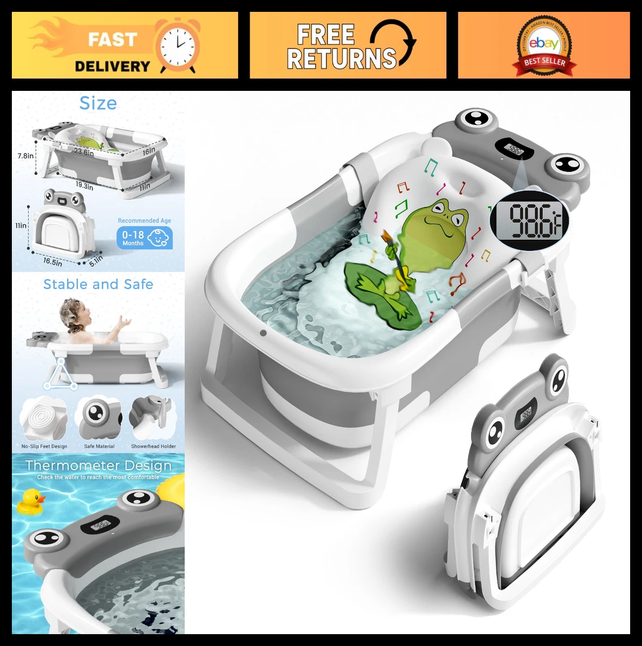 Collapsible Baby Bathtub for Infants & Toddlers 0-24 Months, Soft Cushion, Therm