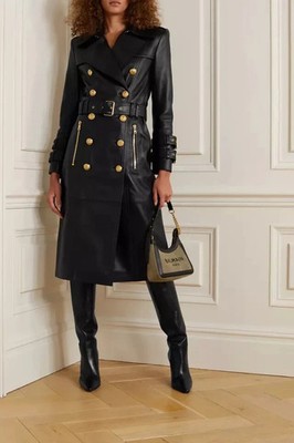 LG1829 Stylish Black Handmade Trench Coat Formal Genuine Lambskin Soft Overcoat 