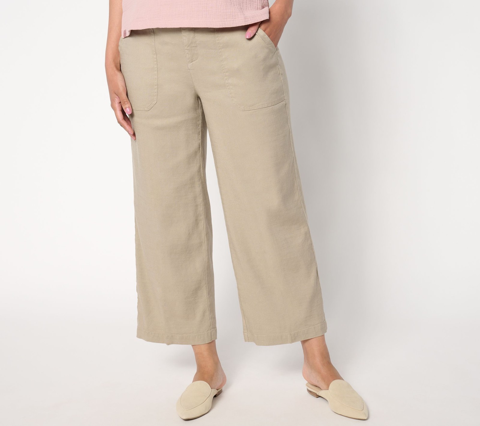 NYDJ Women's Pants Sz 12 Wide Leg Stretch Linen Cropped Cargo Brown A654827