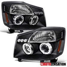 Fit 2004-2015 Titan 04-07 Armada Black LED Halo Projector Headlights Left+Right