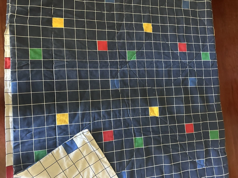 EDREDÓN GEOMÉTRICO (1) AZUL VERDE CUADRADO GRÁFICO REJILLA CAÑÓN VINTAGE 63X85 Foto 4 de 4