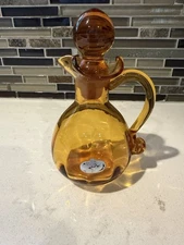 Vintage Rainbow Glass Hand Blown  Amber Glass Cruet with Stopper 6 "   EUC