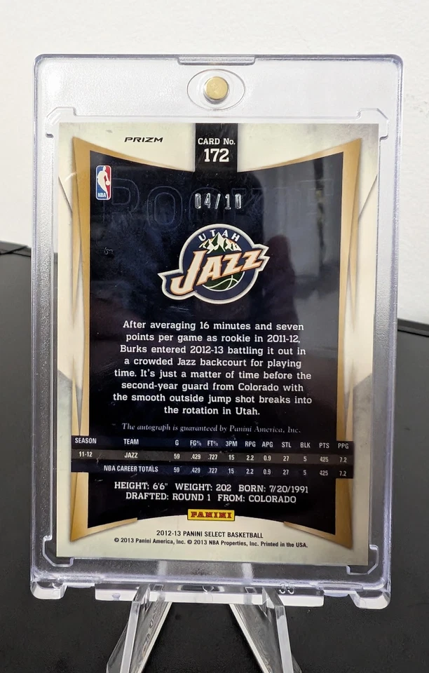 2012 13 Alec Burks Panini Select PRIZM GOLD #172 RC Auto /10 SSP - Image 3 of 3