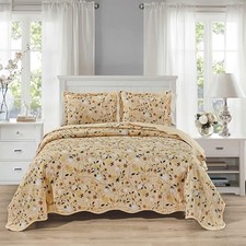 3-Piece Size Wave Edged Oversized Quilt Set 100 Queen Gold Beige Black, Vine