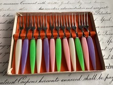 Vtg 60s Set 12 Mini Party Forks Stainless Steel in multi colours Retro
