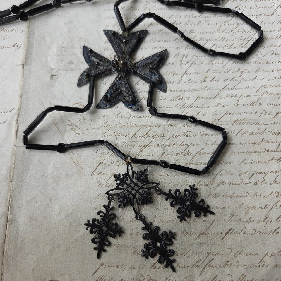 Collier Bijou Deuil Napoléon III Second Empire Croix Malte Argent Filigrané XIXè - Photo 3/4