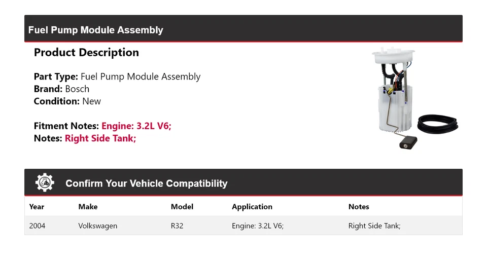 Para 2004 Volkswagen R32 3.2L V6 Bosch conjunto de módulo de bomba de combustível - Imagem 2 de 4