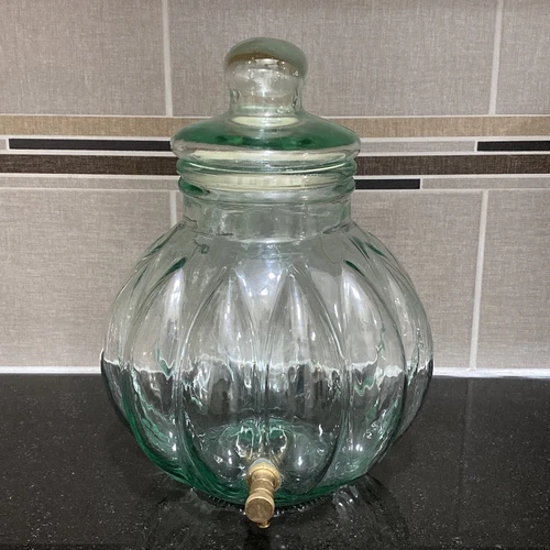 Vtg 70's 2 Gallon GREEN GLASS Pumpkin Beverage Dispenser Jug Brass Spigot ITALY