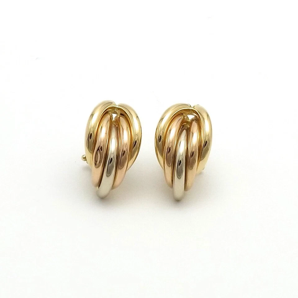 14k Tricolor Gold San Marco Elbow Macaroni Link Omega Back Earrings Italy New - Image 3 of 4