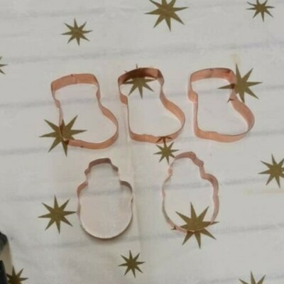 5er Set Eddingtons Kupfer Ausstechformen, Neu, Weihnachtsmannstiefel und Schneemann