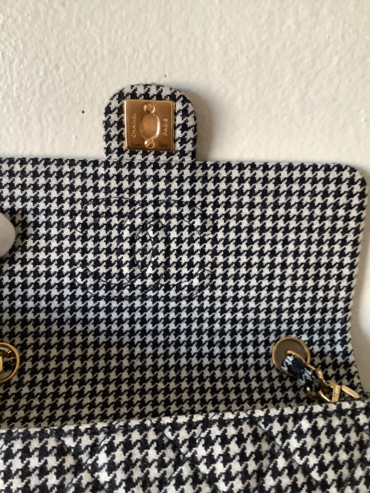 CHANEL Tweed Houndstooth Mini Square Flap Black White 1240469