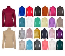 LADIES WOMEN LONG SLEEVE POLO TURTLE ROLL NECK PLAIN TOP 26 COLOURS UK 08-26