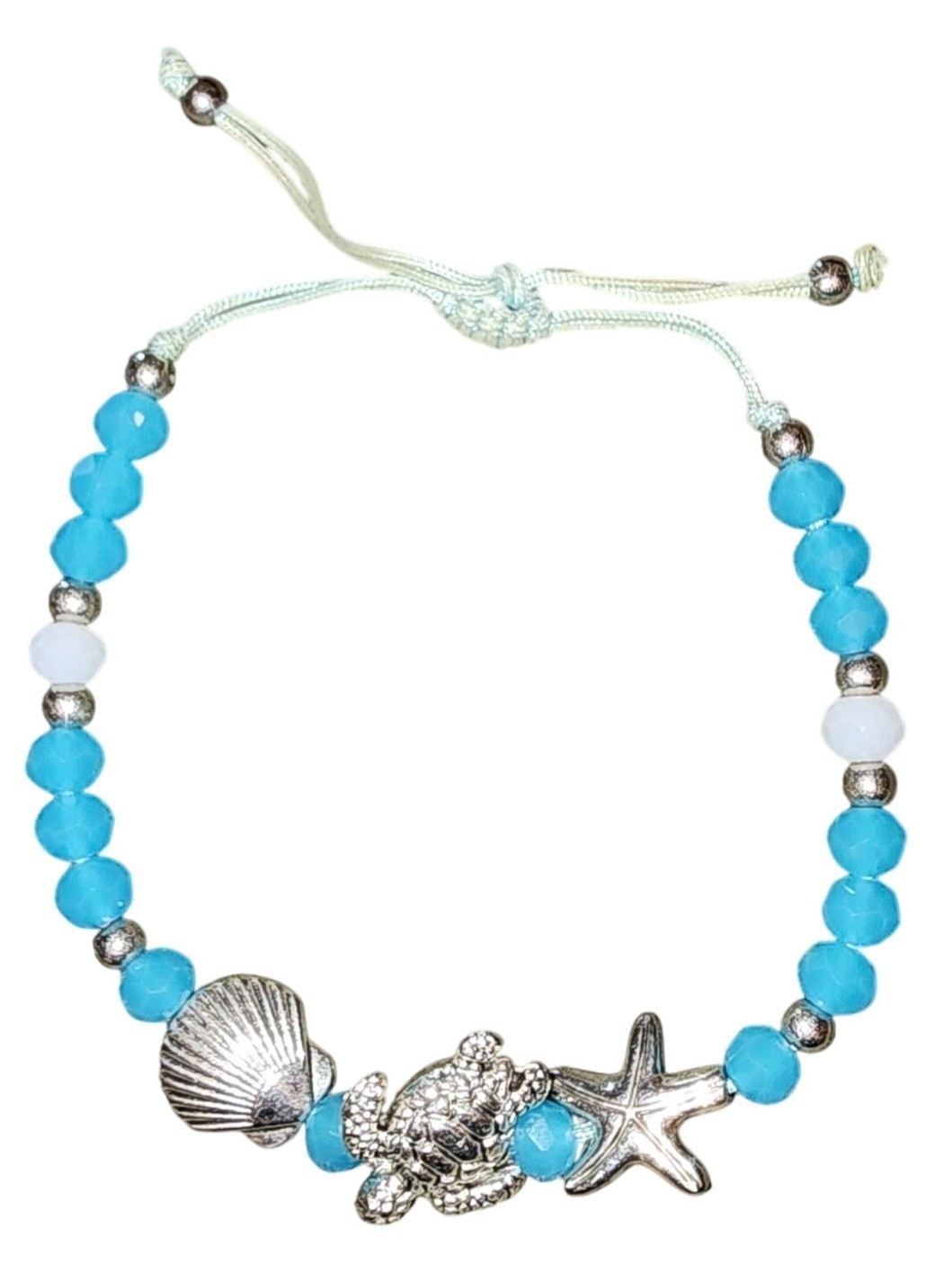 Beaded Adjustable Silvertone Shell Sea Turtle Sta… - image 1