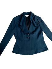 Kay Unger New York Blazer 2 Button Womens 12 Wool Blend Dark Green Ruffle Lapel