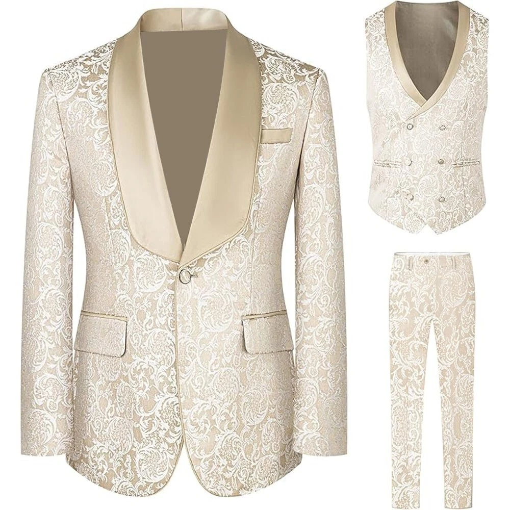 Men's 3 Piece Suit Jacquard Paisley Shawl Lapel Blazer Prom Groom Tuxedo Wedding