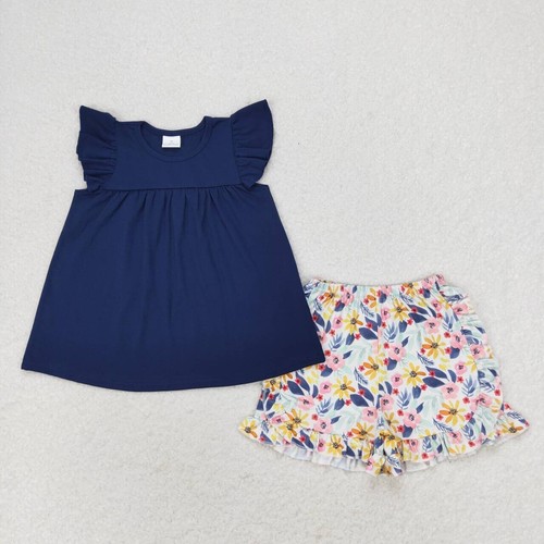 Girls Blue Floral Backless Tunic Ruffle Shorts Set 2pcs Summer Outfit - Picture 7 of 17