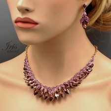 Women Jewelry Set Purple Crystal Necklace Earrings Gold Plated Wedding Prom 0842