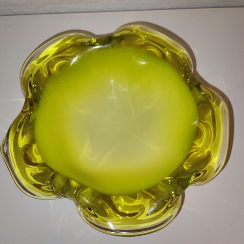 Murano Glas schwere Sommerso Schale Vase CENEDESE opakweiss zitronengelb klar - Bild 5 von 7