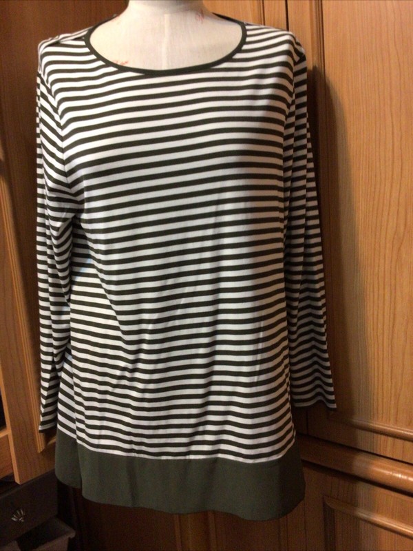 NWT CHICO'S L/S Striped Knit Top w/Solid Bottom Edge 2P (LP) Olive & White X3