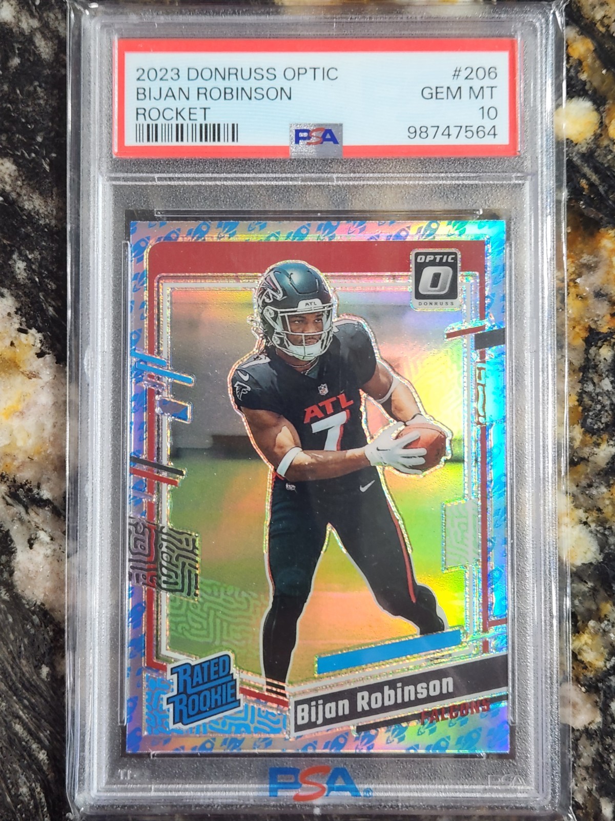 2023 Bijan Robinson RC #206 Donruss Optic Rocket Prizm PSA 10 Gem Mint!! Pop 25