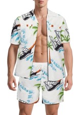 Men 2 Piece Tracksuit Hawaiian Beach Outfits Button Down Shirt and Shorts Set...