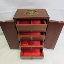 Vintage George Zee & Co Chinese Wood & Brass Jewelry Box Doors/Drawers Hong Kong
