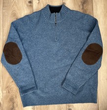 LL Bean Mens 100 Wool Shetland Sweater 1/4 Zip Pullover Elbow Patch Blue Size L