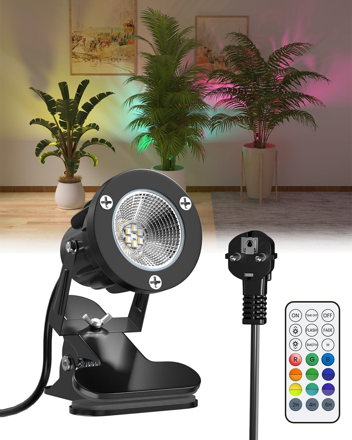 6W RGB LED Faretto Morsetto Con Telecomando, 15 Luci RGB + Luce Caldo 3000K, IP6