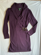 Lauren Ralph Lauren Purple Solid Knit Wrap Sweater Dress Cowl Neck Buckle L