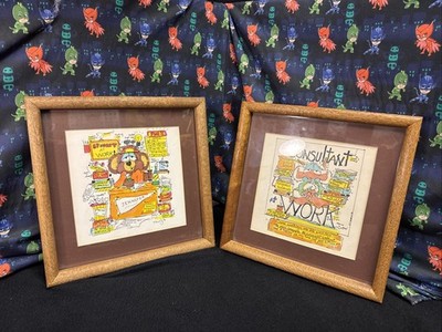2 ea. Rare Thomas Hinkley Guba Designs Framed Drawings Art Signed & Dated 7''x7''