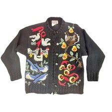 Vintage Orvis 12 Days of Christmas Hand Knit Cardigan Button Up Sweater Black