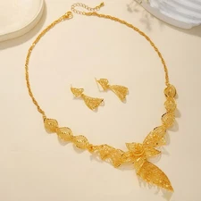 Bold Gold Filigree Statement Necklace Earrings Set Big Leaf Bridal Jewelry