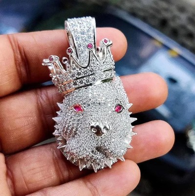 2.80Ct Round Cut Real Moissanite Crown Lion Head Pendant 14K White Gold Plated