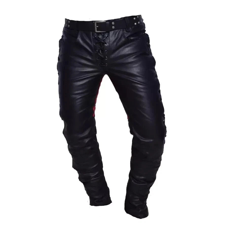 Men's Real Black Leather Bikers Pants Side Front Laces Up Contrast Leather