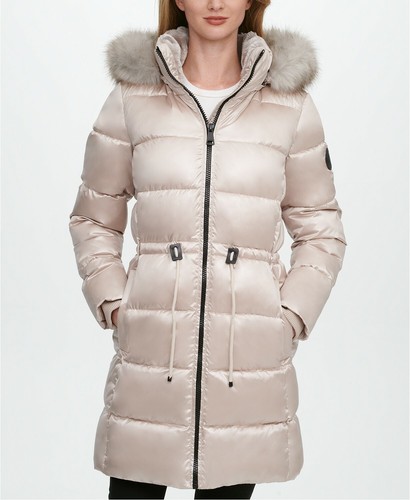 DKNY Womens High-Shine Faux-Fur-Trim 