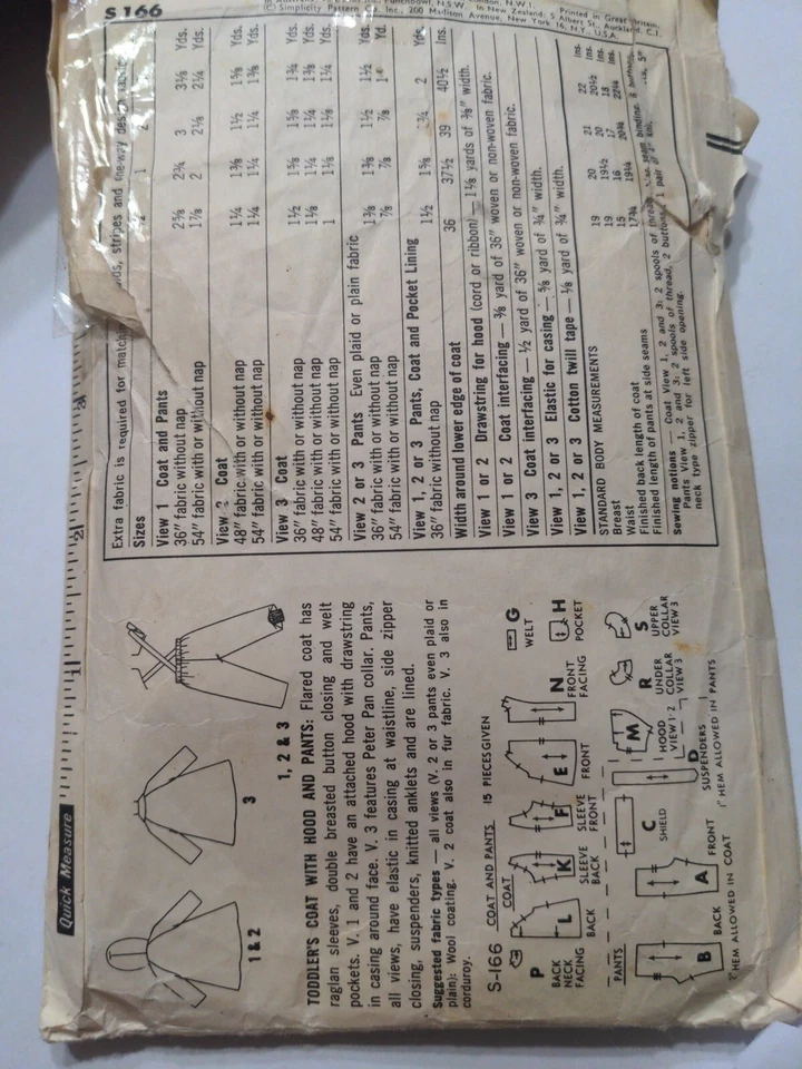 Simplicity S.166 Sewing Pattern Girls Boys Coat & Pants Size 1 Cut - Image 2 of 2