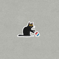 Curious Black Cat Sticker - Playful Kitty with Toy Mouse Cartoon 2858