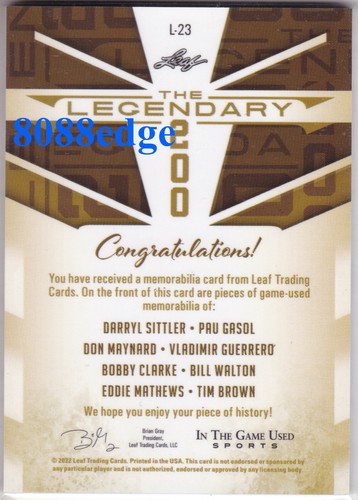 2022 ITGU LEGENDARIO SWATCH: SITTLER/PAU GASOLINA/MAYNARD/GUERRERO/CLARKE/WALTON #/45 - Imagen 2 de 2