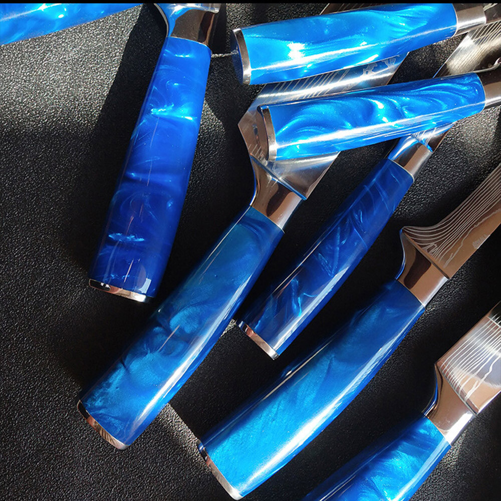 Blue 10PC Japanese kitchen knives Laser Damascus pattern chef knife Set