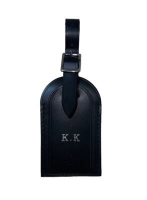 Louis Vuitton Paris Black Leather Name Tag Silver tone Metal w/ KK