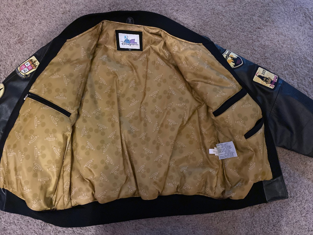 ディズニー　バーシティジャケット アメリカ Disneyland 50th Anniversary Black Wool Varsity Bomber Leather