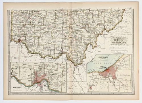 1897 SOUTHERN OHIO Map ORIGINAL (15x10) Cleveland Cincinnati RAILROADS