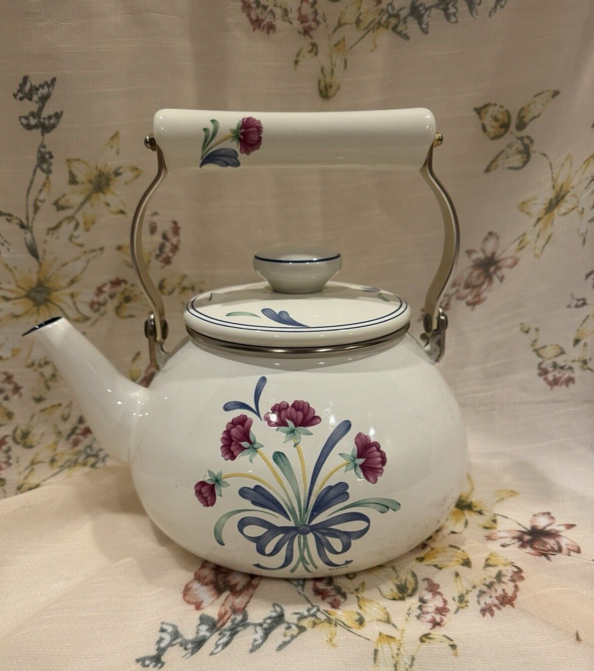 Vintage Lenox Poppies on Blue Metal Enamel Tea Pot Kettle 8 Cup USA