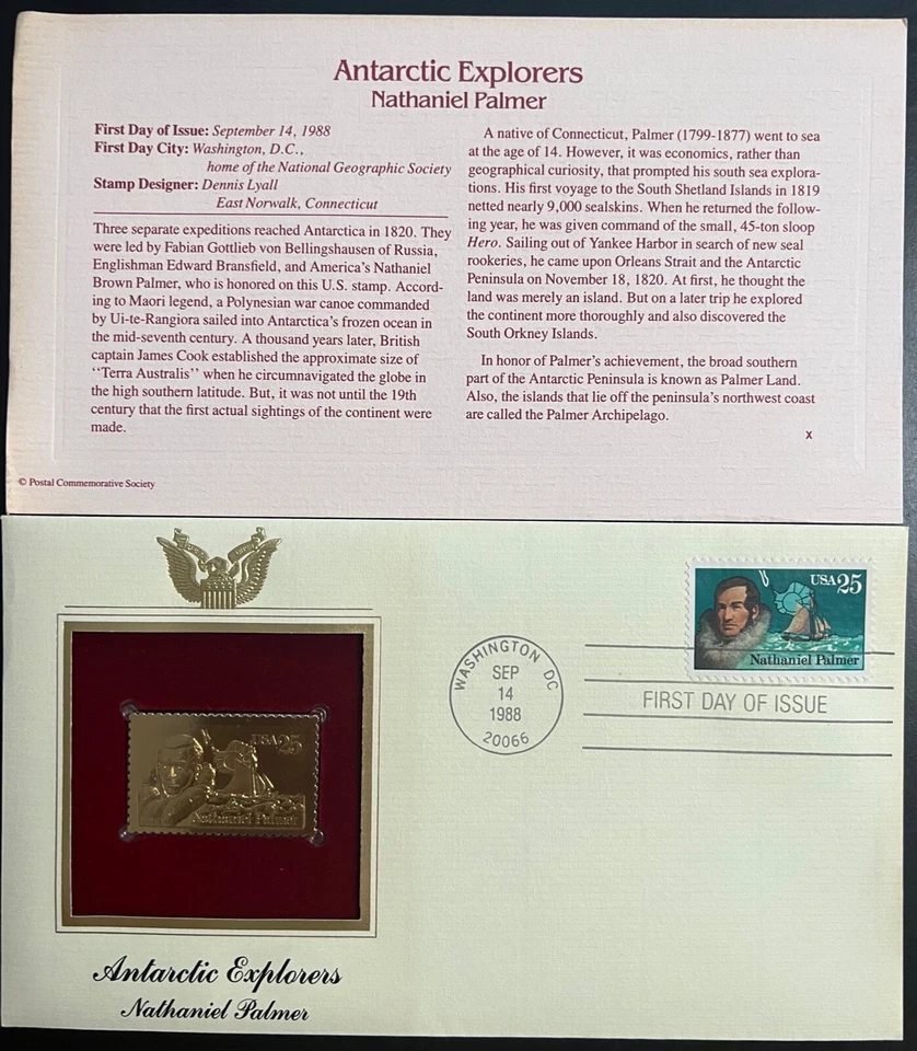 Antarctique Explorateurs Nathaniel Palmer Premier Jour Pcs Feuille D'Or 1988 - Photo 1/1
