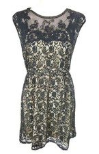 Pinky Ivory Black Lace Crew Neck Sleeveless Mini Fit & Flare Dress Women Size M