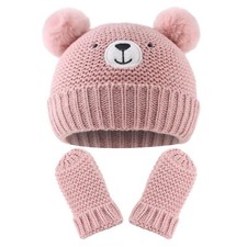 Cute Bear Baby Beanie Pompom Baby Hat Mittens Set Infant Toddler Beanie for B...