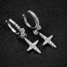 Mini Iced White Gold Plated Mens Dangle Hanging Cross Drop Hoop Earrings